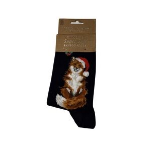 NWT Wrendale Designs Women’s Super Soft Bamboo Socks Fox Santa Hat Holiday Navy